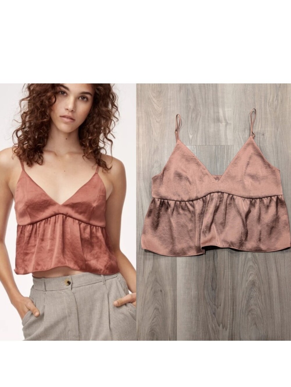 Aritzia Little Moon | Sedum Lover Satin V-Neck Peplum Camisole In Mauve Earth